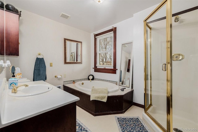 1521 Pontiac St, Denver, CO 80220 - full bathroom featuring vanity, visible vents, a bath, and a stall shower