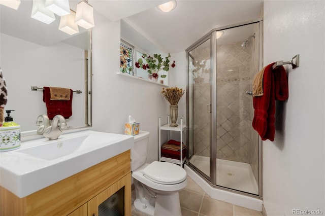 1521 Pontiac St, Denver, CO 80220 - bathroom featuring toilet, a shower stall, tile patterned flooring, and vanity