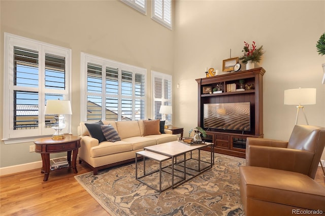 living room featuring light hardwood / wood-style flooring and a towering ceiling