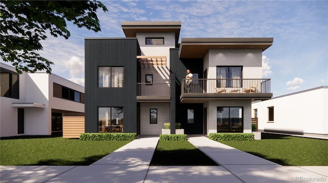 view of front of house with brick siding and a front lawn