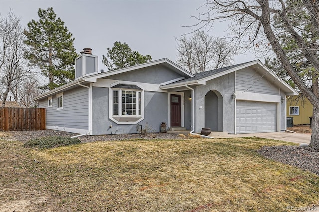 ranch-style home with fence, a chimney, stucco siding, concrete driveway, and a garage