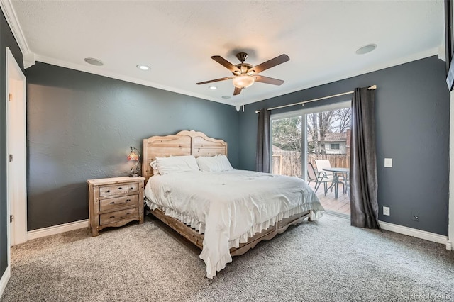 bedroom featuring baseboards, ornamental molding, carpet flooring, and access to outside