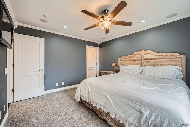 bedroom with ornamental molding, recessed lighting, carpet, baseboards, and ceiling fan