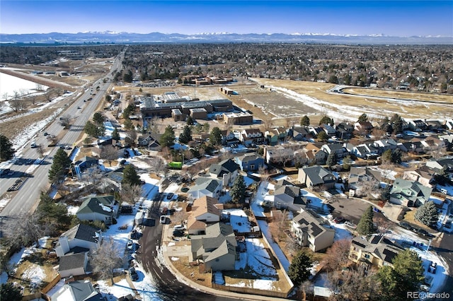 drone / aerial view featuring a mountain view