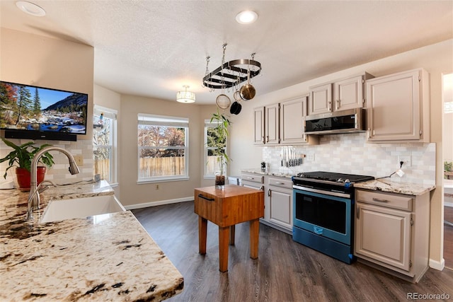 kitchen featuring dark wood-type flooring, stainless steel appliances, sink, and light stone counters