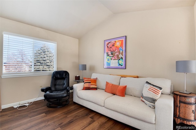 living room featuring dark wood-type flooring and vaulted ceiling