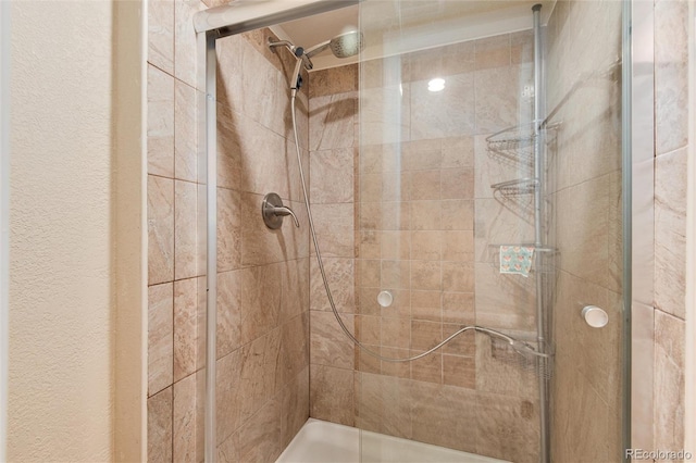 bathroom with a shower with shower door