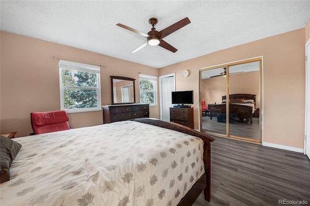 bedroom featuring dark wood-type flooring, ceiling fan, a textured ceiling, and two closets