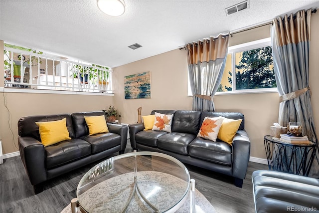 living room with a textured ceiling and dark hardwood / wood-style flooring