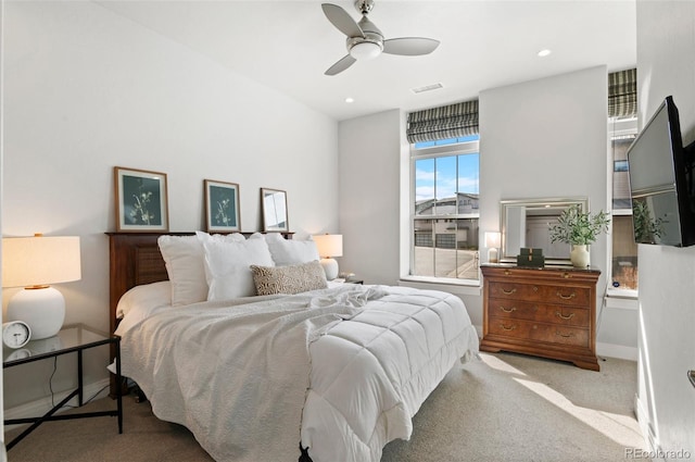 bedroom featuring baseboards, visible vents, carpet floors, recessed lighting, and ceiling fan