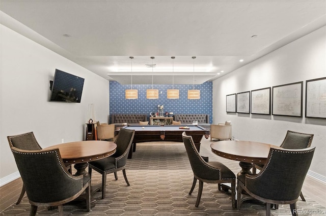 dining area with recessed lighting, pool table, an accent wall, and baseboards