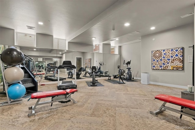 gym featuring visible vents, recessed lighting, carpet, and baseboards