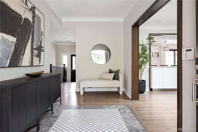 hallway with crown molding and light hardwood / wood-style floors