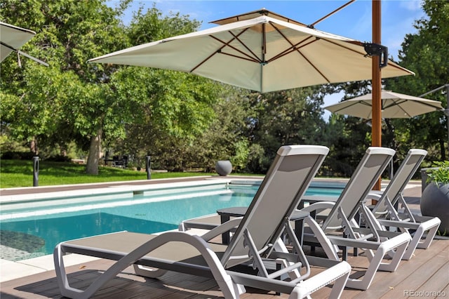 view of swimming pool featuring a wooden deck