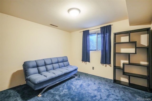 sitting room featuring a textured ceiling and carpet floors