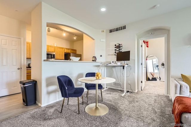 5255 Memphis St Unit 311, Denver, CO 80239 - living area featuring arched walkways, carpet flooring, rail lighting, and baseboards