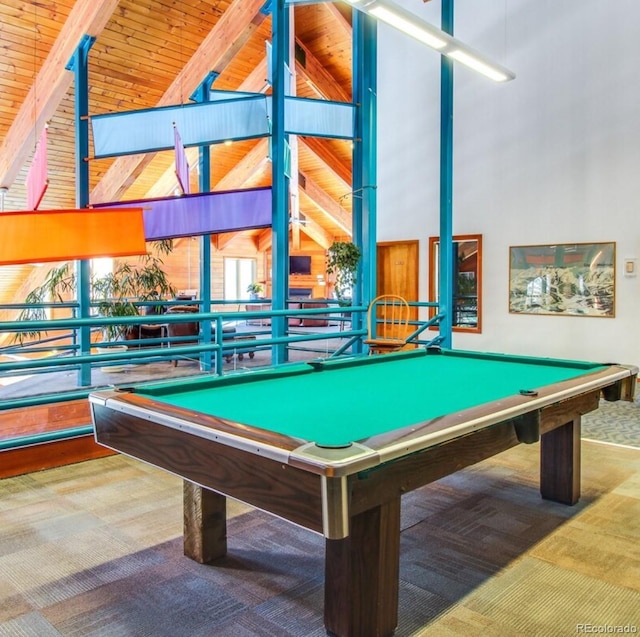rec room featuring high vaulted ceiling, pool table, carpet flooring, and beamed ceiling