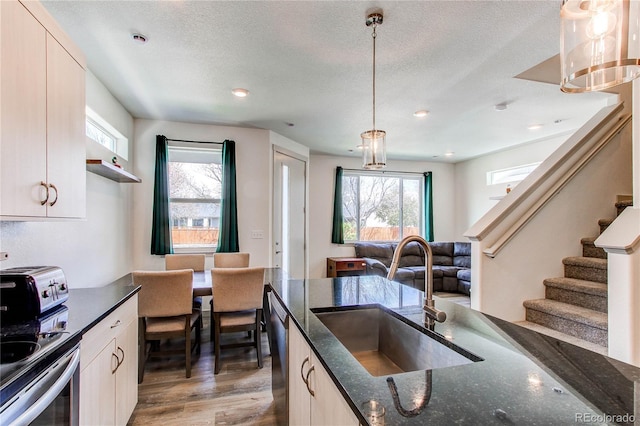 1075 Spartan Ave, Berthoud, CO 80513 - kitchen with pendant lighting, wood finished floors, dark stone counters, a sink, and stainless steel appliances