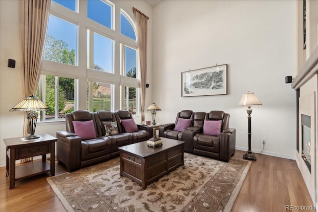 7132 S Tempe Ct, Aurora, CO 80016 - living area featuring a high ceiling, light wood-type flooring, baseboards, and a glass covered fireplace