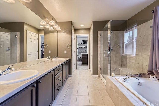 3490 Craftsbury Dr, Highlands Ranch, CO 80126 - full bathroom with a stall shower, a bath, double vanity, and tile patterned floors