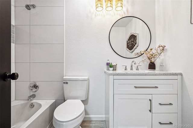 full bathroom with tiled shower / bath combo, vanity, and toilet