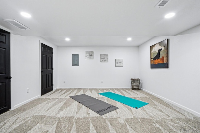 exercise area featuring light colored carpet and electric panel