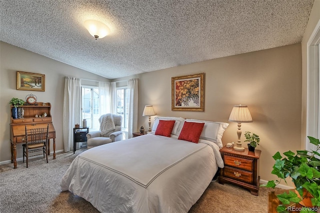 carpeted bedroom with baseboards, vaulted ceiling, and a textured ceiling