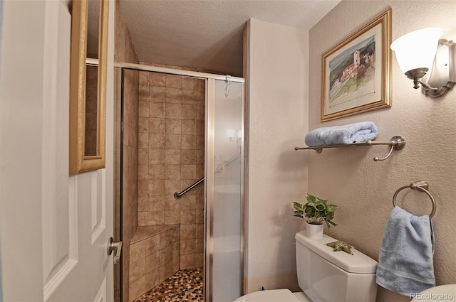 bathroom featuring toilet, a shower stall, and a textured wall