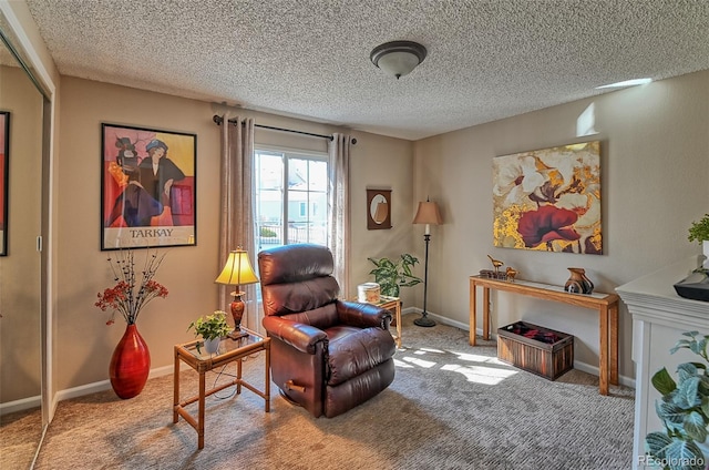 sitting room with carpet, baseboards, and a textured ceiling