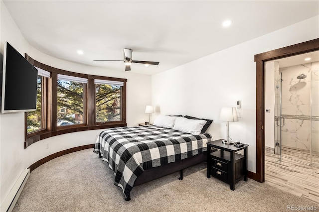 bedroom with recessed lighting, a baseboard radiator, baseboards, light colored carpet, and ceiling fan