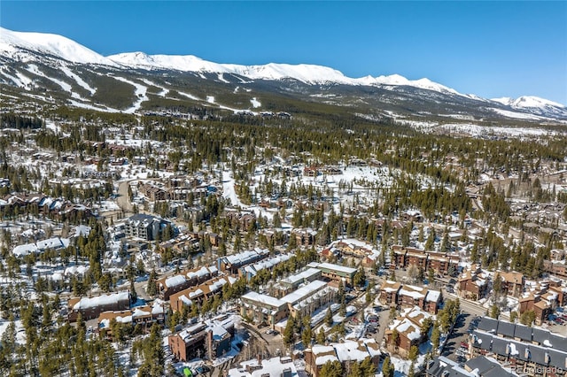 snowy aerial view with a mountain view