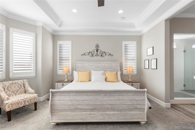 carpeted bedroom with baseboards and ornamental molding