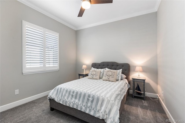 bedroom featuring baseboards, carpet flooring, a ceiling fan, and crown molding