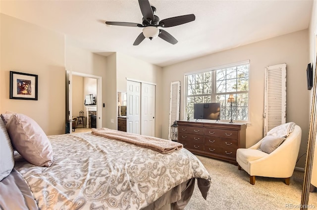 601 Clarendon Loop, Castle Pines, CO 80108 - bedroom with a closet, light colored carpet, and ceiling fan