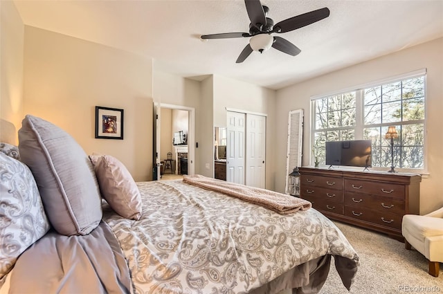 601 Clarendon Loop, Castle Pines, CO 80108 - bedroom featuring a closet, light colored carpet, and a ceiling fan