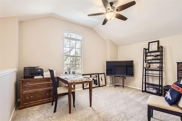 601 Clarendon Loop, Castle Pines, CO 80108 - office with ceiling fan, vaulted ceiling, and carpet floors
