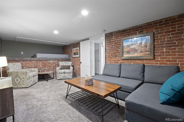 1554 N Pennsylvania St, Denver, CO 80203 - carpeted living room featuring brick wall and recessed lighting