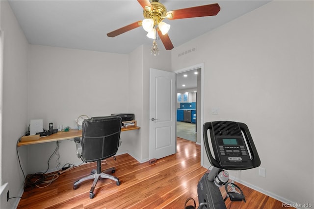 235 Blazing Saddle Trl, Cotopaxi, CO 81223 - home office featuring wood finished floors, ceiling fan, and baseboards