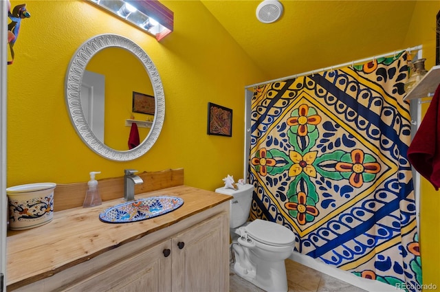 235 Blazing Saddle Trl, Cotopaxi, CO 81223 - bathroom featuring vaulted ceiling, vanity, toilet, tile patterned floors, and curtained shower