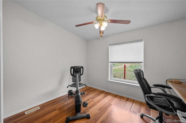 235 Blazing Saddle Trl, Cotopaxi, CO 81223 - office area with baseboards, wood finished floors, and a ceiling fan