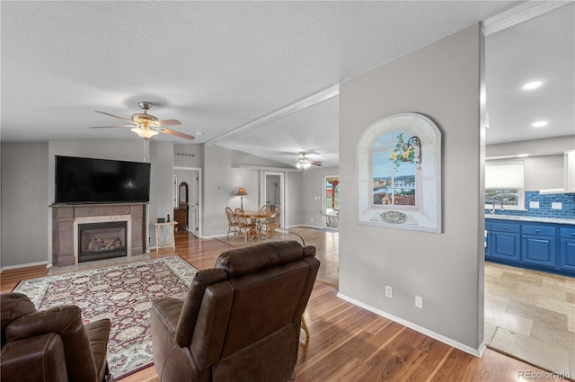 235 Blazing Saddle Trl, Cotopaxi, CO 81223 - living room with ceiling fan, baseboards, a fireplace, a textured ceiling, and light wood-style floors