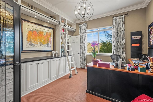 home office featuring light carpet, ornamental molding, and an inviting chandelier