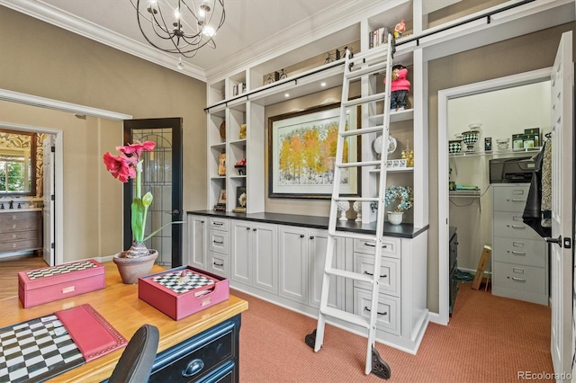 rec room featuring carpet floors, ornamental molding, and a chandelier