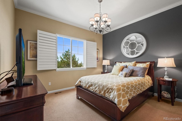 carpeted bedroom with ornamental molding and an inviting chandelier