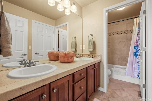 full bathroom featuring shower / bath combo, tile patterned flooring, an inviting chandelier, vanity, and toilet