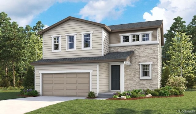 view of front of house featuring a front yard and a garage