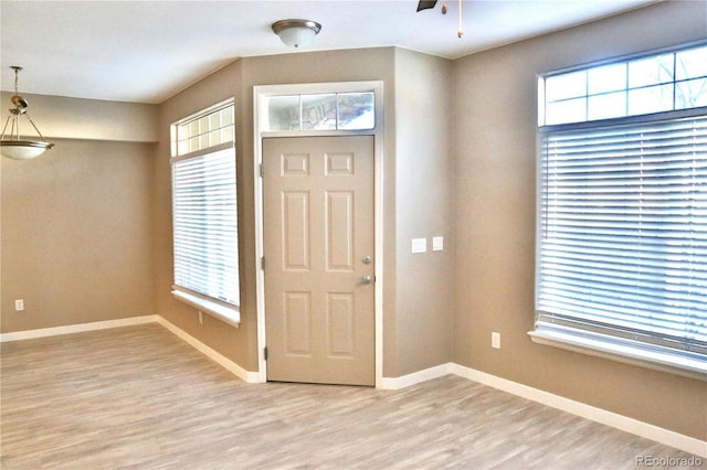 foyer entrance featuring light hardwood / wood-style floors, a wealth of natural light, and ceiling fan