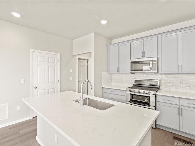 kitchen featuring appliances with stainless steel finishes, sink, a center island with sink, and backsplash