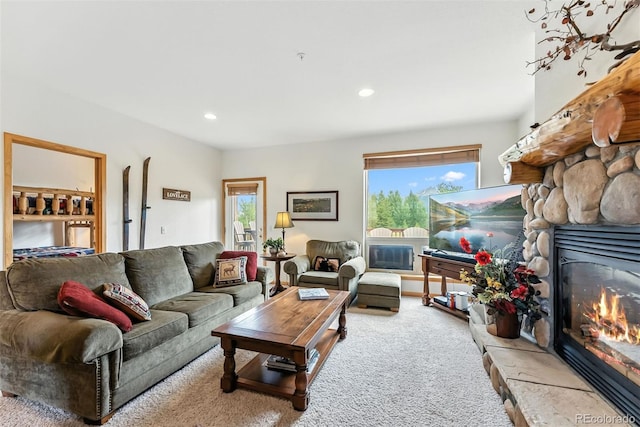 60 Black Diamond Trl Unit 60D, Silverthorne, CO 80498 - carpeted living area with a stone fireplace and recessed lighting