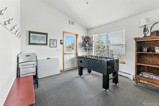 60 Black Diamond Trl Unit 60D, Silverthorne, CO 80498 - rec room featuring carpet, a baseboard heating unit, and vaulted ceiling